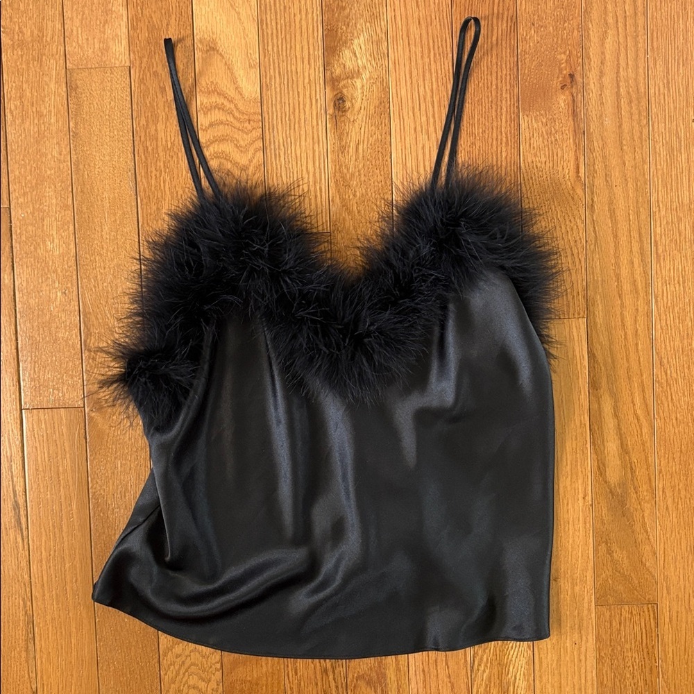 Vintage Victoria's Secret Black Feather-Trim Silk Lingerie Top USA
